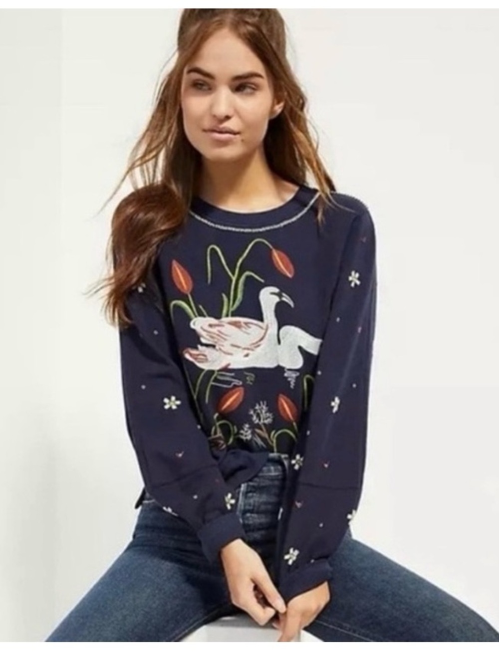 Anthropologie Navy Floral Swan Crew Sweatshirt Sz M/L
